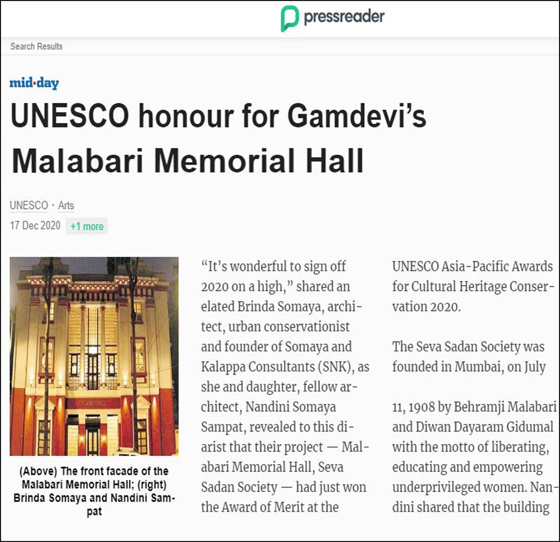 UNESCO honour for Gamdevi's Malabari Memorial Hall